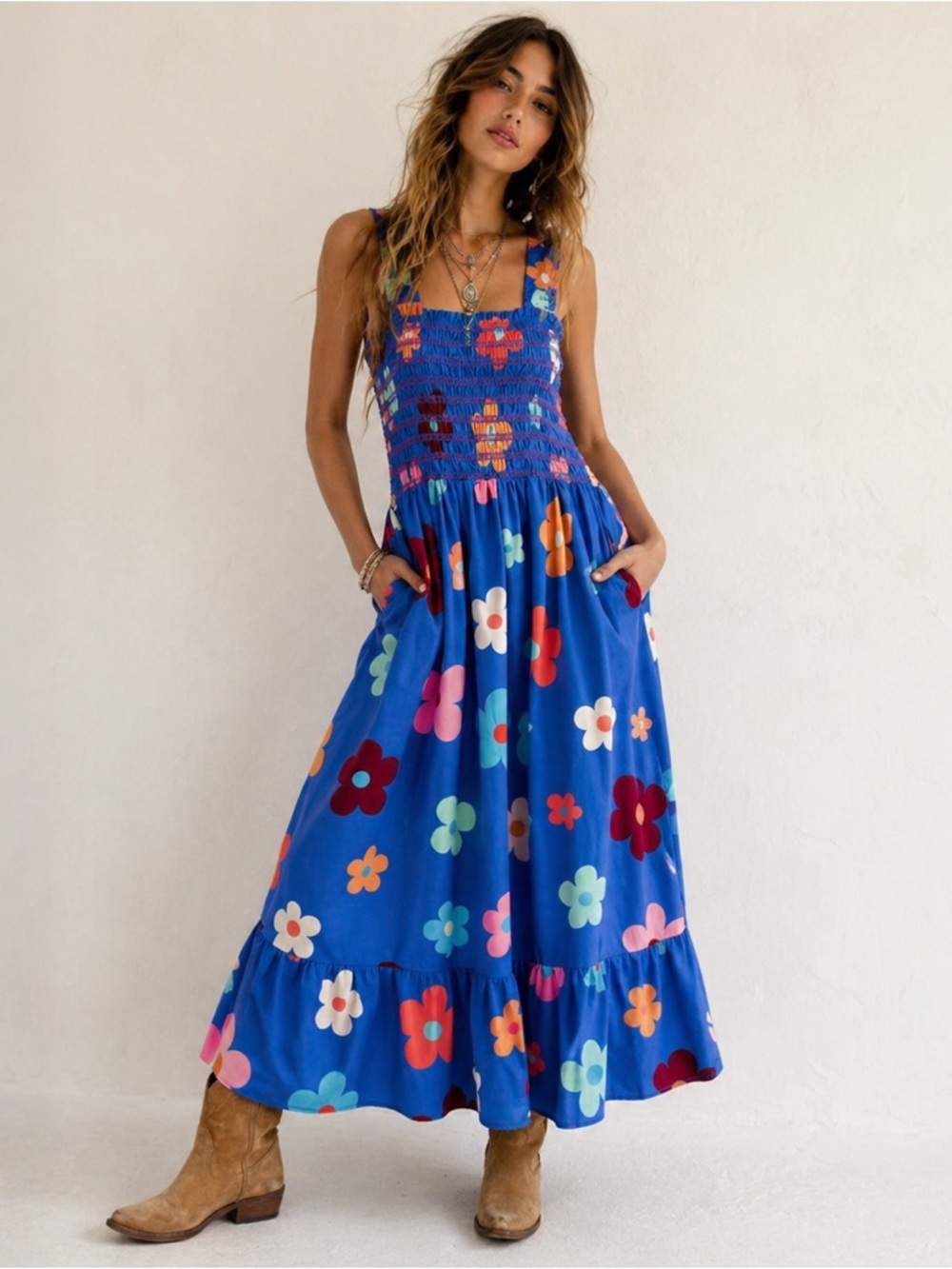 Easel Blue Floral Smocked Maxi Dress